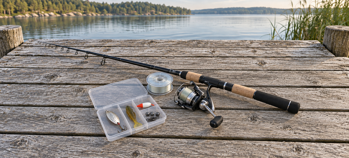 Illustration of a fishing set with a rod, reel, fishing line and lures on a wooden jetty.