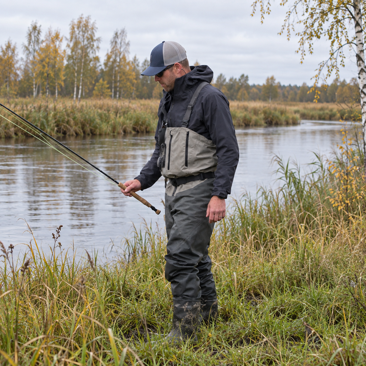 Kalastaja jope ja kahlapükstega tasasel sügisesel jõekaldal