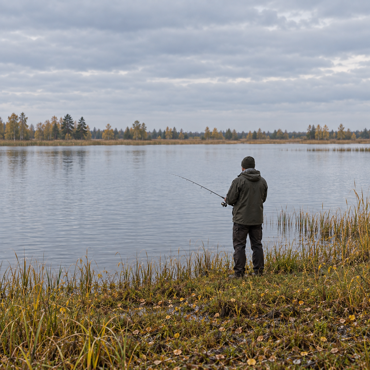 Kalastaja sügisesel madalal ja roostikuga järvekaldal